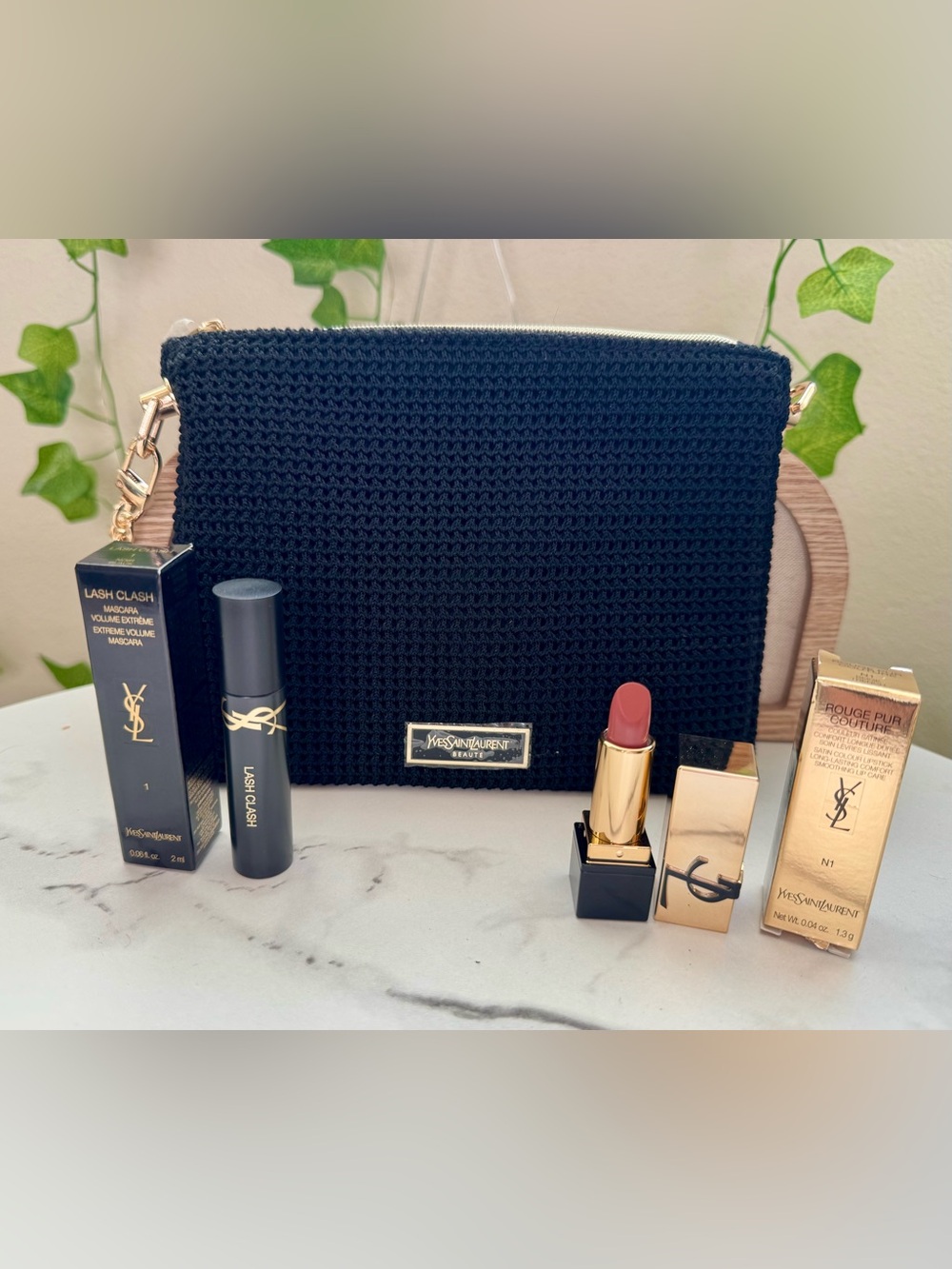 Yves Saint Laurent Black Woven Cosmetic Pouch w/ Rose Lipstick/mascara bundle!!